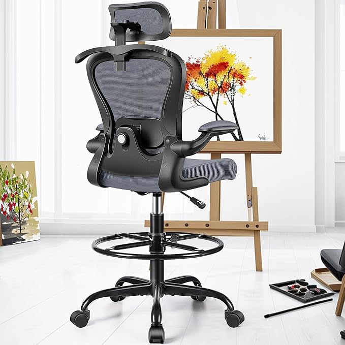 Drafting Chair, Tall Office Chair with 3D Lumbar & Head Support, Ergonomic Mesh Standing Desk Chair with Footring, Comfy Extended High Desk Chair with Flip-Up Arms & Hanger (Dark Gray)