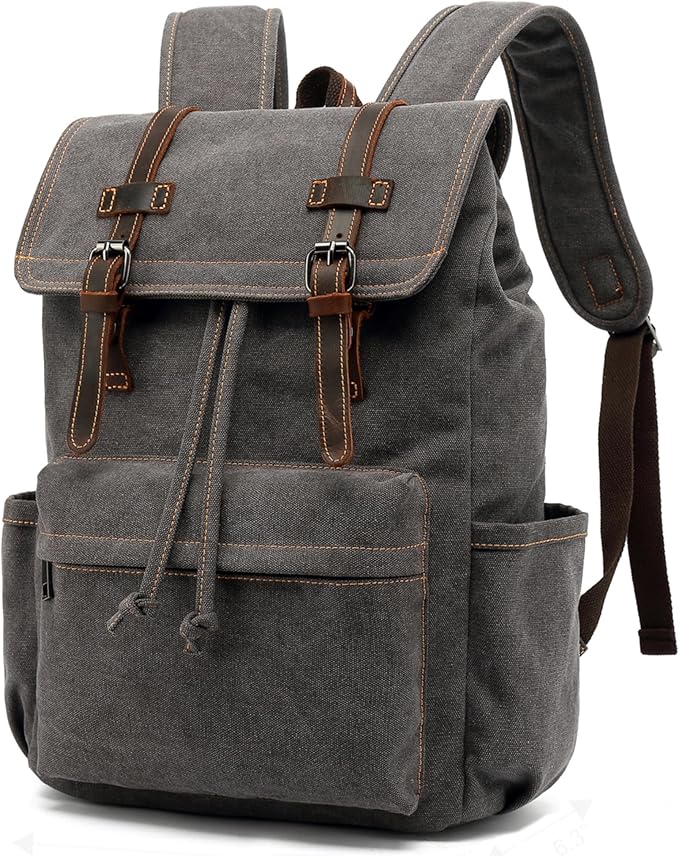 HuaChen Vintage Canvas Backpack, Mens Travel Leather Rucksack for Laptop Hiking Bag (M83_Grey)