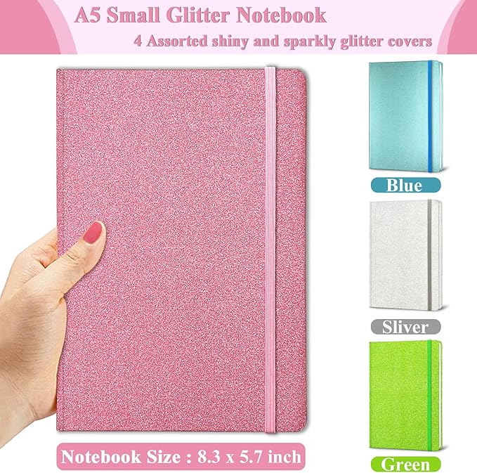 Pink Glitter Notebook, 8.3x5.7” 160 Lined Pages Glitter Never Peel Off Sparkle Journal for Girls College Ruled A5 Hardcover Notebooks for Teens Women Writing Note Taking Office Work School Gifts
