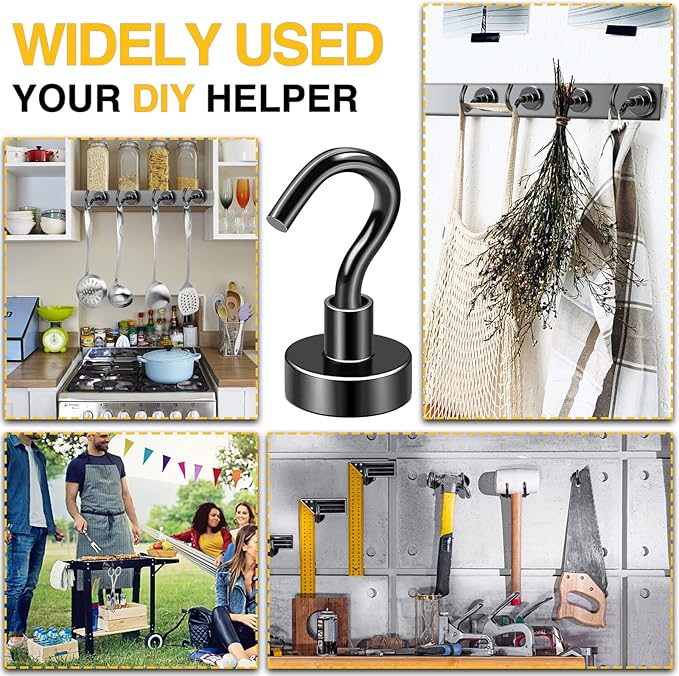 DIYMAG Magnetic Hooks for Refrigerator, Extra Strong Cruise Hook, 30Lbs Heavy Duty Earth Magnets with Hook for Hanging, Magnetic Hanger for Cabins, Grill (60P-Black)