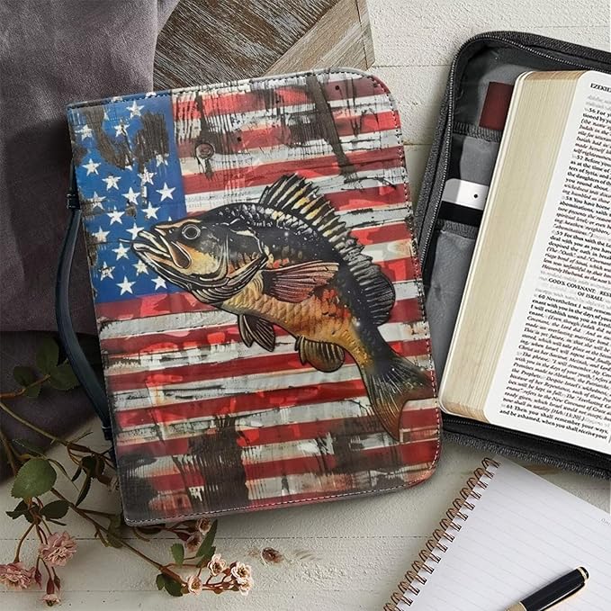 Lotusorchid Bass Fish Print Bible Cover Case, Zippered Bible Carrying Case for Women Girls, American Flag Bible Tote Bag Sturdy Bible Book Cover for Bible Study, Christian Bible Accessories, 2XL