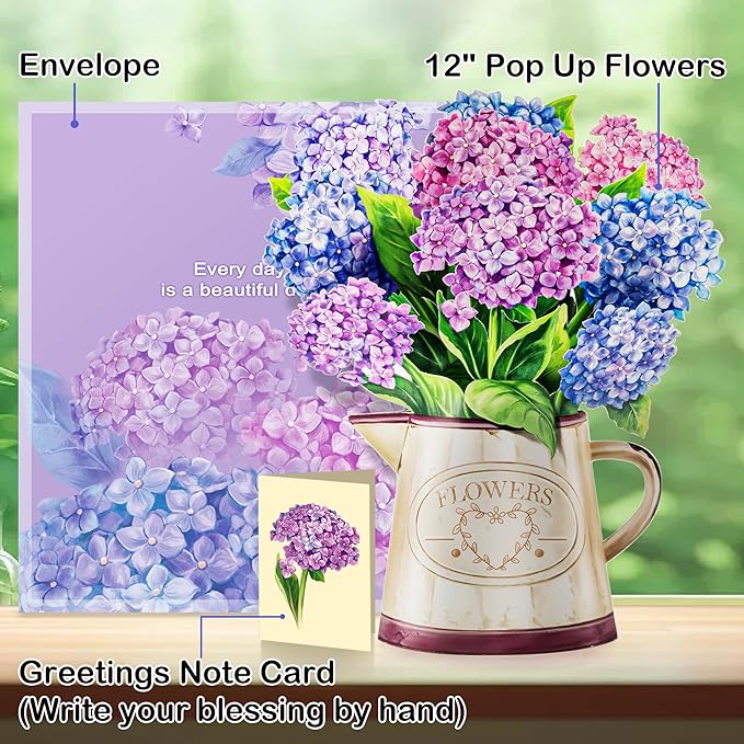 Pop Up Flower Cards, Pruple Nantucket Hydrangeas, 12inch Paper Flowers 3D Greeting Cards with Blank Note Card and Envelope for Birthday, Anniversary, Easter, Get Well Gifts Card for Women Kids