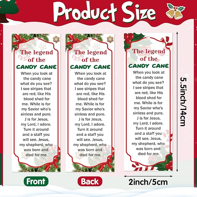 Haooryx 240pcs Christmas Theme Bookmarks, The Legend of The Candy Cane Bookmark with Red Ribbons, Candy Cane J is for Jesus Religious Bookmark Party Favor for Sunday School Supply Students Rewards
