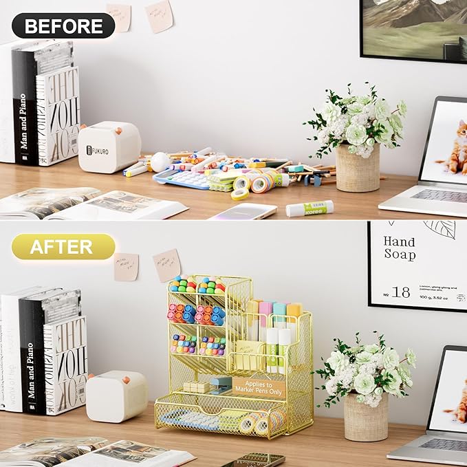 Marbrasse Mesh Pen Holder for Desk, Multi-Functional Pencil Organizer with Drawer, Desk Organizers and Accessories for Office Art Supplies (Gold-Applies to Marker Pens Only)