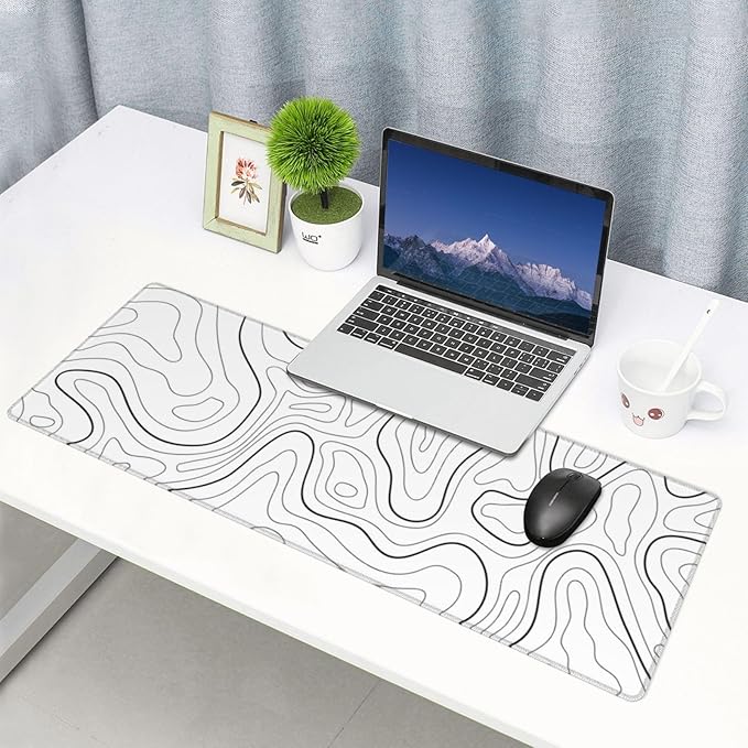 Extended Gaming Mouse Pad, Large Gaming Mouse Waterproof with Stitched Edges, Non-Slip Desktop Pad for Home and Office, Level Up Your 31.5x11.8 Inch… (White Topographic)