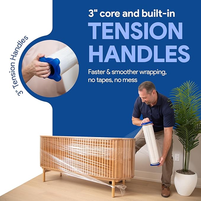 80 Gauge Plastic Stretch Film/Wrap with Tension Handles 1200ft 500% Stretch Clear Cling Durable Adhering Packing Moving Packaging Heavy Duty Shrink Film (Tension Handles, 1)