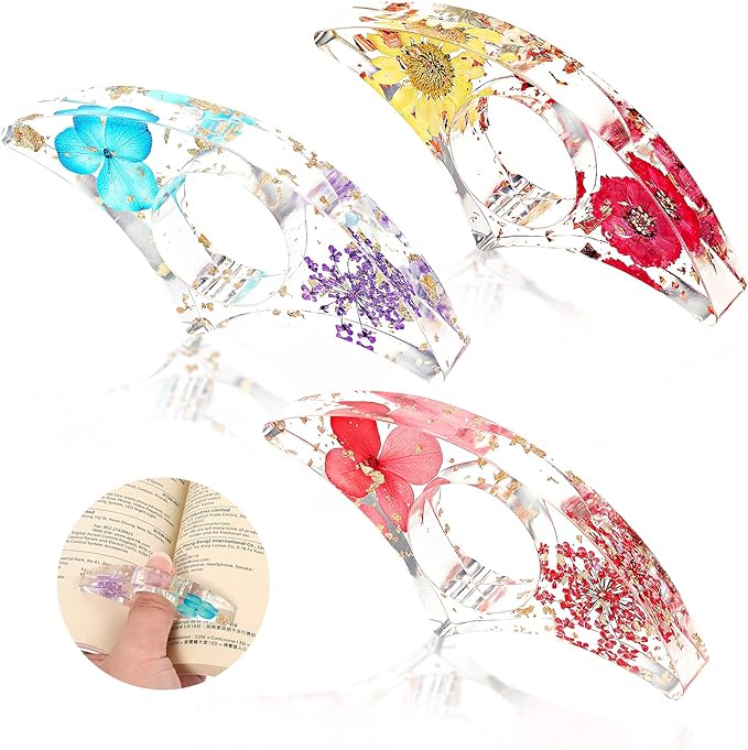 Prasacco 2 Pieces Book Page Holder, Dried Flower Resin Book Holders for Reading Thumb Ring Page Holder Flower Bookmark Reading Accessories for Readers Book Lovers Bookworm Bookmarks (3 PCS Style 2)