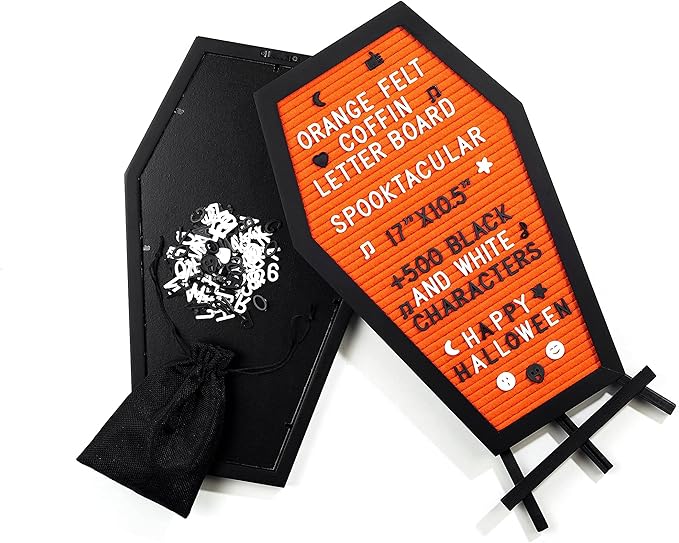 Coffin Letter Board Orange With Spooky Emojis +500 Characters, and Wooden Stand - 17x10.5 Inches - Gothic Halloween Decor Spooky Gifts Decorations