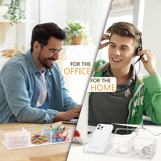 Acrylic 3in1 Sticky Note Holder Desk Organizer, 11.8" x 3.9" x 2.3" Self-Stick Memo Pad Dispenser for School Office Home Post Bank with 3 Compartments (DP003)