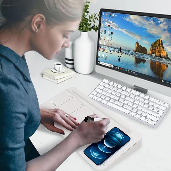 NEXTLUXE Glass Desk Whiteboard with Wireless Charger - Desktop Whiteboard with Storage, Weekly Planner, Dry Erase Pad, Organizer Drawer for Home, School, Office Gadgets – White