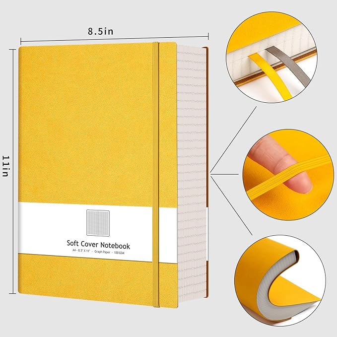 AHGXG Graph Paper Notebook - Grid Paper Notebook Large A4 8.5''×11'', 320 Pages Thick Journal, 100gsm Thick Graph Paper, Leather Softcover, Inner Pocket - Yellow