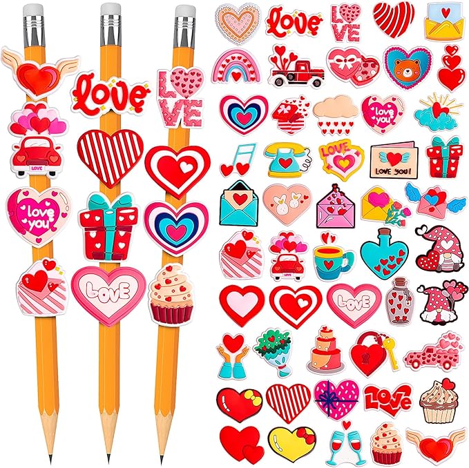 WDAHDHP Valentine's Day Pencil Clips for Kids, 50Pcs Different Pencil Clips Topper, Cute Pencil Charms for Kids Students School Gifts Classroom Rewards