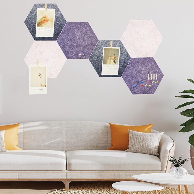 6Pcs Gray Hexagon Bulletin Board Strips,Grey Felt Pin Board Bar Strips with 50 Pushpins, Self-Adhesive Felt Cork Board Strips for Wall to Display Your Notes, Photos, Schedules, Announcements