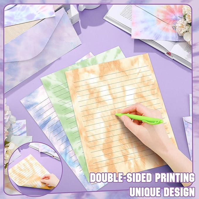 TaoBary 160 Packs Stationery Paper Set (50 Double Sided Stationery Writing Papers 50 Matching Envelopes) 60 Round Dot Sticker, 10 Design (8.5 x 11 Inch,Tie Dye)
