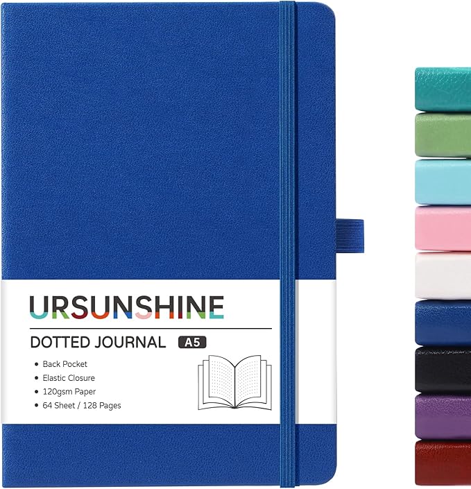 Dotted Journal/Notebook - Dot Grid Hard Cover Notebook, Premium Thick Paper with Fine Inner Pocket, Black Smooth Faux Leather, Pen Loop, 5.3'' x 8.26'' - Deep Blue