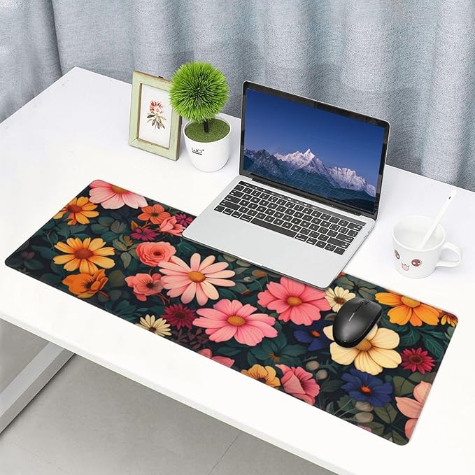 Gaming Mouse Pad Desk Pad,Extended Big Mouse Pad,31.5x11.8 Inch Long Computer Keyboard Mouse Mat Mousepad with 3mm Non-Slip Base and Stitched Edge for Gaming and Office… (Pink Flower)