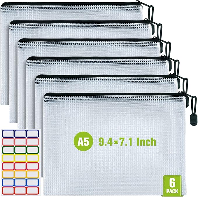 Mesh Zipper Pouch, 6PCS Waterproof Plastic Mesh ZipperBag, A5 Size Tear-Resistant Document Pouch, Extra Large Zip File Bags, for School Office Supplies Home Travel Storage(9.4×7.1 Inch)