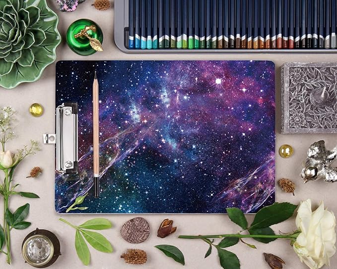 Clipboard Decorative, Clipboard Cute, WAVEYU A4 Letter Size Clip Board Pattern with Low Profile Clip, Retractable Key Hole for Hanging Paperboard for Office School Supplies, Nebula Black (12.5"x9")