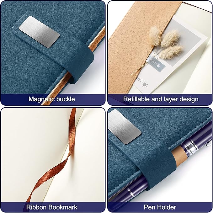 A5 Blank Journal Notebook, Refillable Hardcover Leather Sketchbook with Pocket and Magnetic Buckle, 240 Pages Thick Travel Sketchbooks for Drawing and Writing, 80gsm Unlined Journal for Men and Women