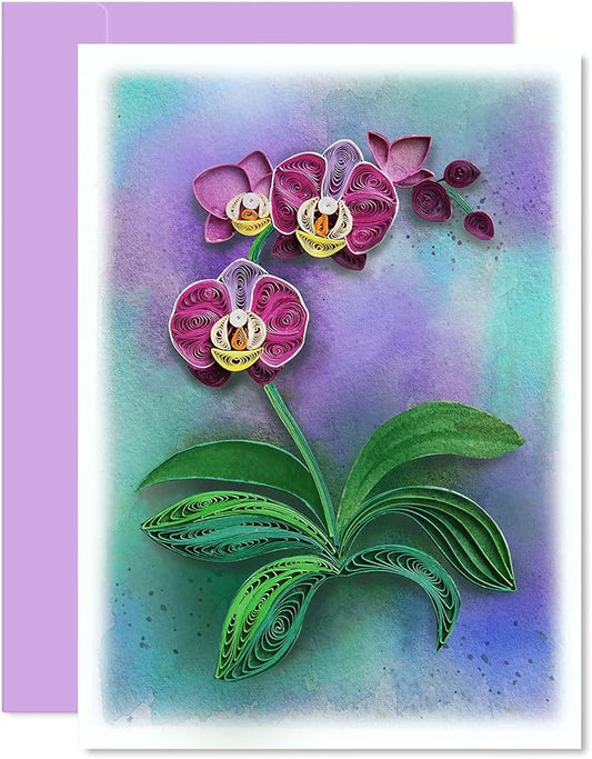 KingKraft Orchid Quilling Card, Birthday Card for Mom, Anniversary Card for Wife, Valentines Day, Mothers Day Card, Thinking of You, Get Well Card, Greeting Card for All Occasions, Blank Inside