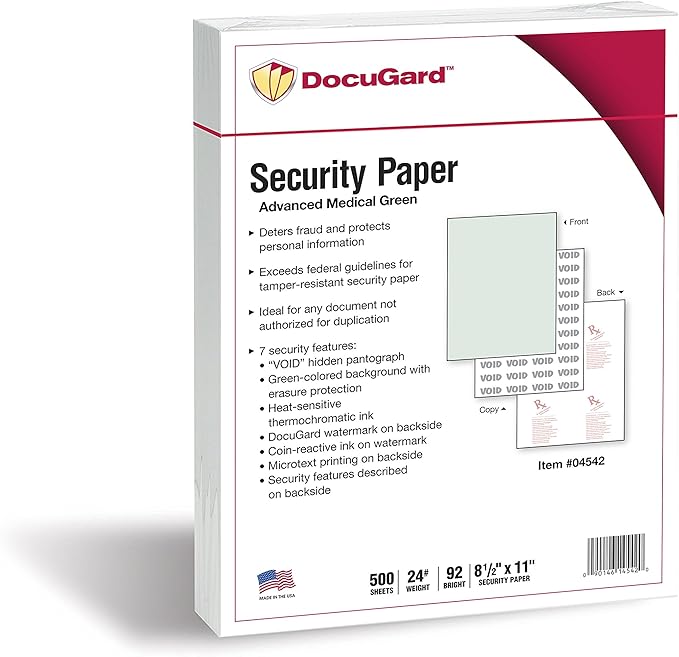 DocuGard Advanced Medical Security Paper for Printing Prescriptions and Preventing Fraud, CMS Approved, 7 Security Features, Laser and Inkjet Safe, Green, 8.5 x 11, 24 lb., 500 Sheets (04542)