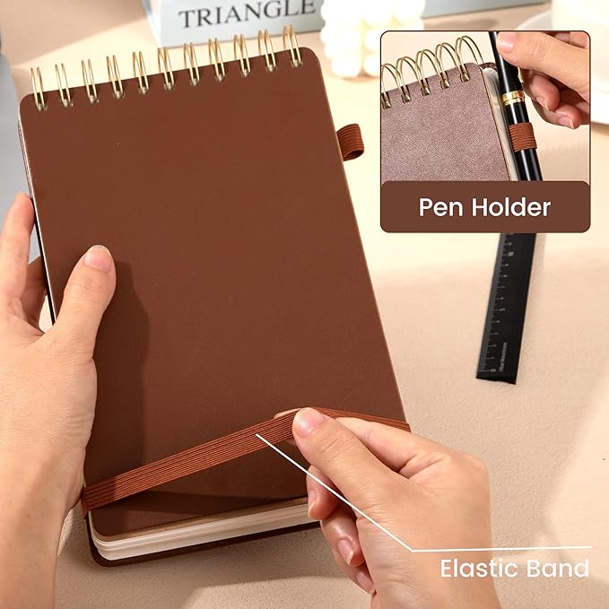 Yoment Top Spiral Notebook Leather Steno Pads 240 Pages Spiral Notepad for Work 5x7 Top Bound Steno Notebook, 100 GSM Thick Paper, Left Handed Notebooks for Office College School, Brown