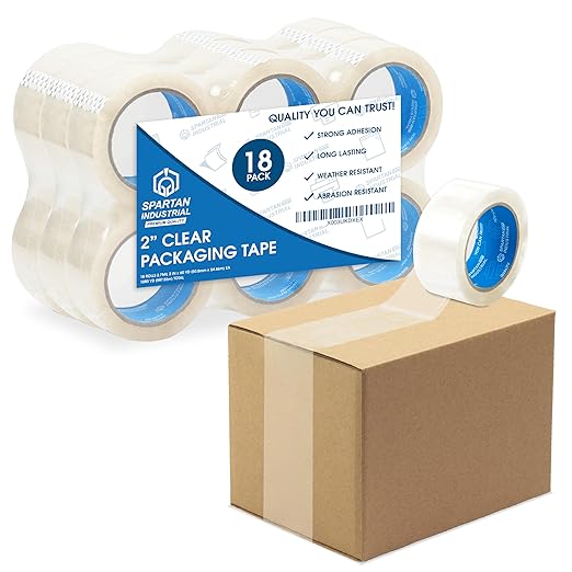 Spartan Industrial - 2" X 60 yd Clear Shipping Tape Rolls - 18 Rolls of Heavy Duty Box Tape for Moving, Packing, Shipping, Storage - 2.7 Mil