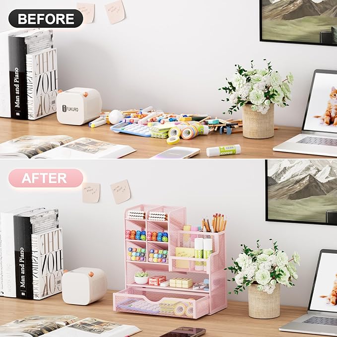 Marbrasse Mesh Pen Holder for Desk, Desk Organizer with Drawer, Multi-Functional Pencil Organizer, Desk Organizers and Accessories for Office Art Supplies (Pink)