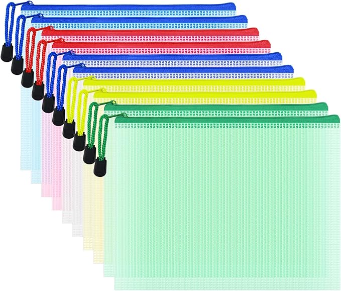 AUSTARK 10 Pcs Zipper File Bags, Waterproof Plastic Mesh Pouch for Office School, Board Game Storage Bags (A5 Size 9.2''x6.7'', Multicolored)