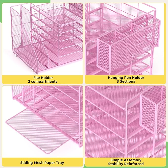 File Organizer for Desk, 6 Tier Desk Organizer Paper Tray with File Holder Pen Holder, Mesh Office Desk Accessories & Workspace Organizers (Pink)