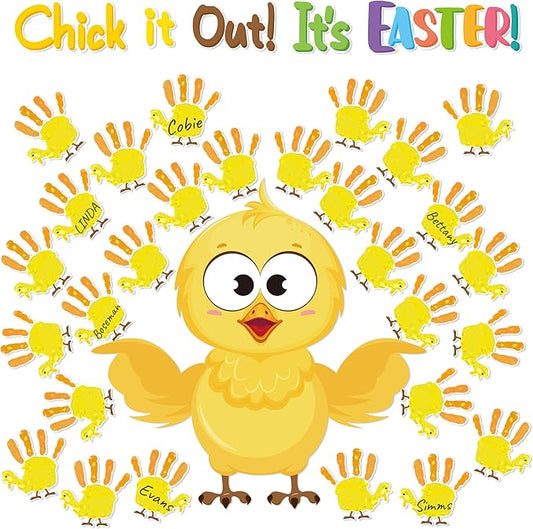 B1ykin 77Pcs Easter Chicks Handprint Bulletin Board Decoration Set, Chick It Out It’s Easter Cutout Chalkboard Wall Decor, Party Border Trim Supply for Elementary Kindergarten Preschool Classroom Home