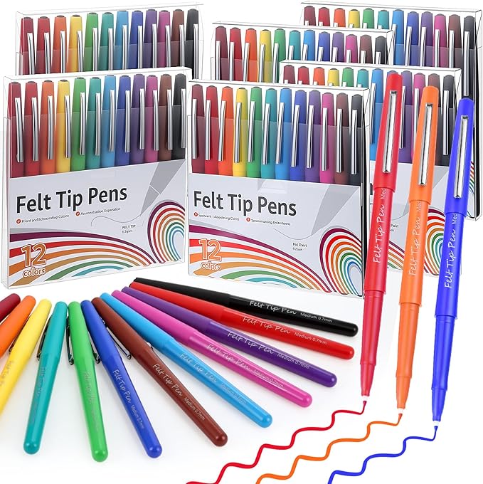 72 Pcs Felt Tip Pens 0.7mm Medium Point Felt Pen Bulk 12 Colors Markers Journal Planner for Teachers Students Journaling Writing Note Art Office School Supplies