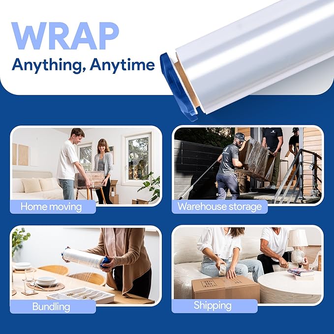 80 Gauge Plastic Stretch Film/Wrap with Tension Handles 1200ft 500% Stretch Clear Cling Durable Adhering Packing Moving Packaging Heavy Duty Shrink Film (Tension Handles, 4)