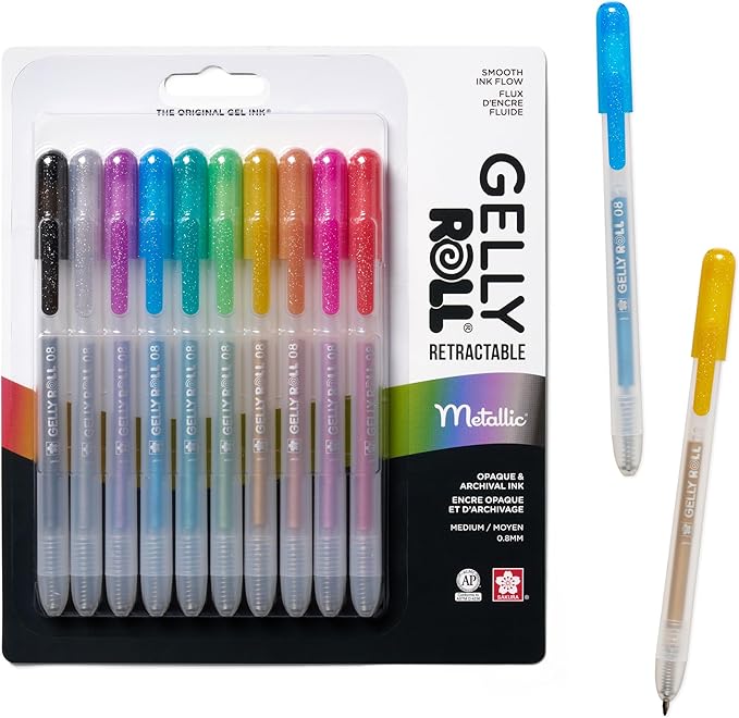 SAKURA Gelly Roll Retractable Gel Pens Colored - Metallic Gel Pens - 08 Medium Point Ink Pen for Journaling, Art, or Drawing - Gel Pens with Assorted Colored Ink - 10 Pens