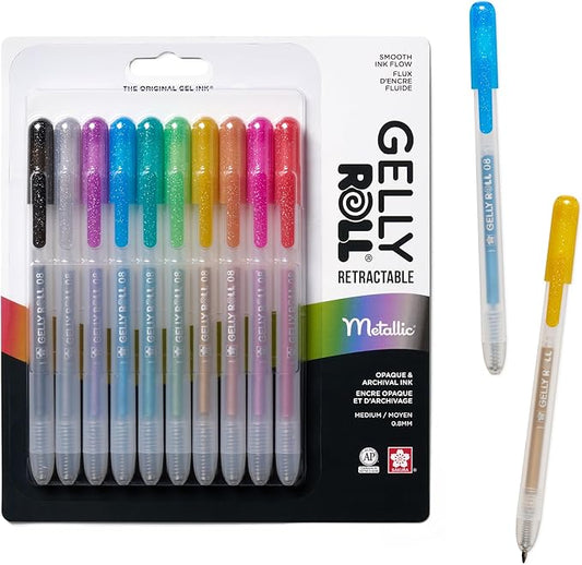SAKURA Gelly Roll Retractable Gel Pens Colored - Metallic Gel Pens - 08 Medium Point Ink Pen for Journaling, Art, or Drawing - Gel Pens with Assorted Colored Ink - 10 Pens