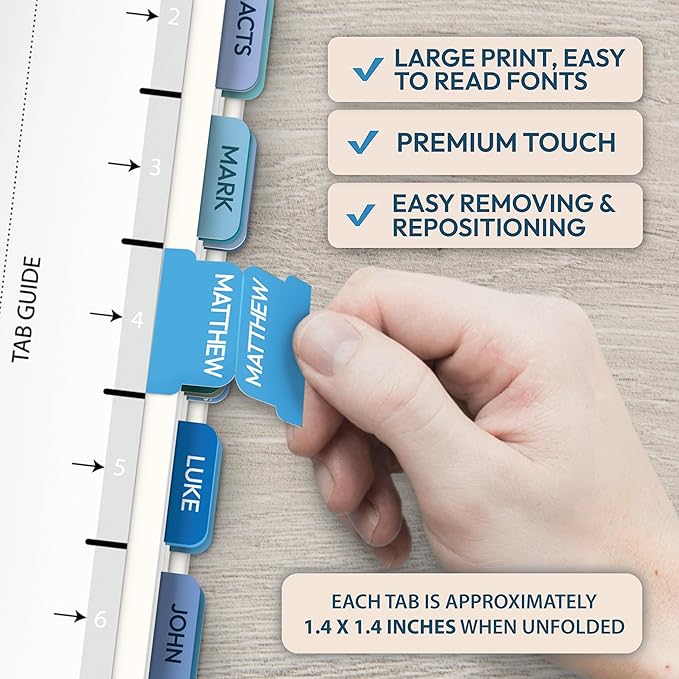 Bible Tabs for Women, Men, Kids, 90 Large Print Bible Index Tabs for Study Bible, Laminated Easy-to-Read Label, Christian Gift for Church, Blue