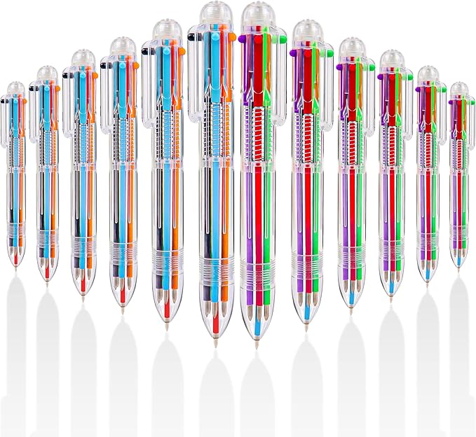 IHPUKIDI 12 Pack 0.5mm 6-in-1 Multicolor Ballpoint Pen, 6 Color Transparent Barrel Retractable Ballpoint Pens for Office School Supplies Students Gift