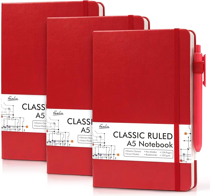 feela 3 Pack Notebooks Journals Bulk with 3 Black Pens, A5 Hardcover Notebook Classic Ruled Lined Journal Set with Pen Holder for Work Business Journaling Note Taking, 120 GSM, 5.1”x8.3”, Red
