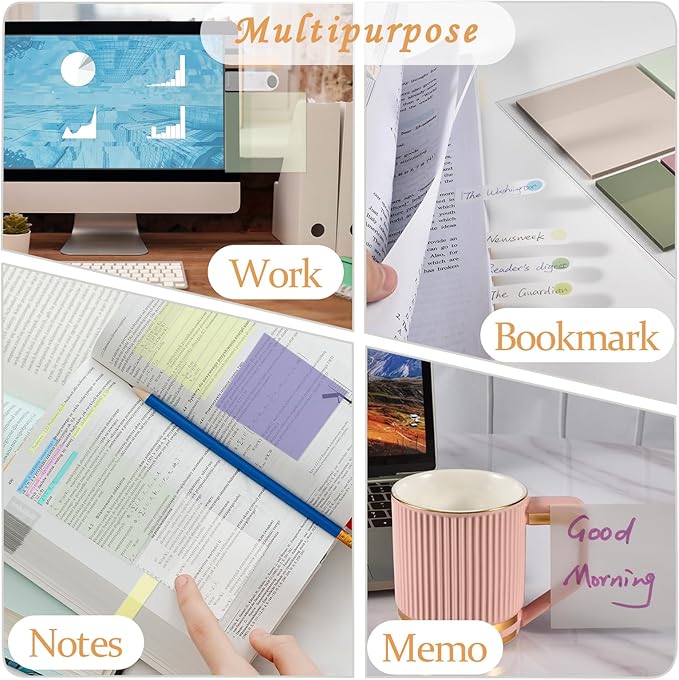 BAYTORY 1610 Sheets Transparent Sticky Notes with Highlighter Tape, Clear Waterproof 3 x 3 inch See Through Memo Pad, Self-Adhesive Translucent Writable Index Tabs for Annotating Books