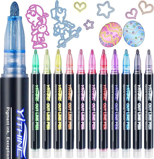 Outline Shimmer Markers, Easter Basket Essentials Stuffers, 12 Glitter Metallic Coloring Gel Pens, Tween Teen Girl Gifts Trendy Stuff, Cute School Art Craft Classroom Supplies Set for Kids Ages 4-16