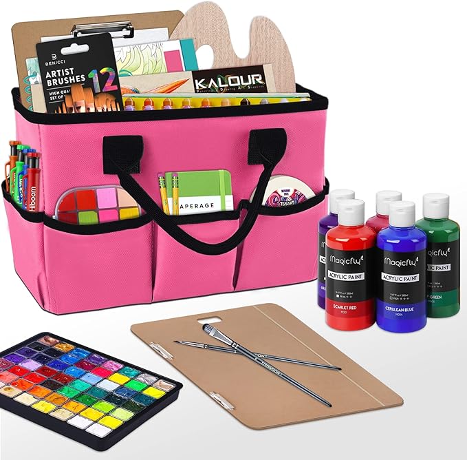 Godery Desktop Tote and Stock Organize, Teacher Helper Tote Bag Organization for Arts, Books, Stationery, etc, and Office Desk Organize, Make-up Storage Tote with Handles for Travel (PINK)