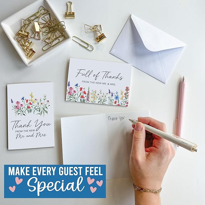 54 Wildflower Wedding Thank You Cards with Envelopes Wedding - Bulk Thank You Cards Wedding with Envelopes, Elegant Thank You Wedding Cards with Envelopes, Wedding Thank You Notes Wedding Cards Bulk