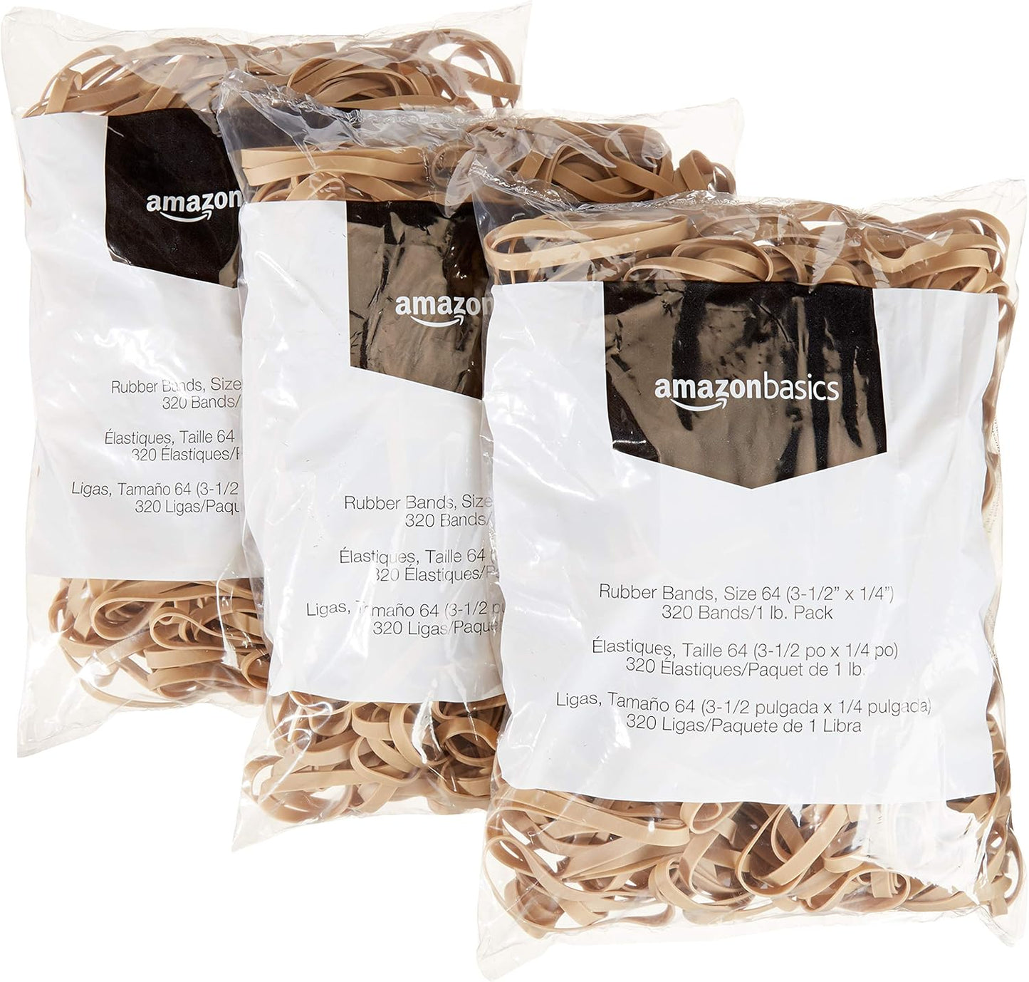 Amazon Basics Rubber Bands, Size 64 (1/4"), 320 Bands/1 lb Pack, 3-Pack, Tan
