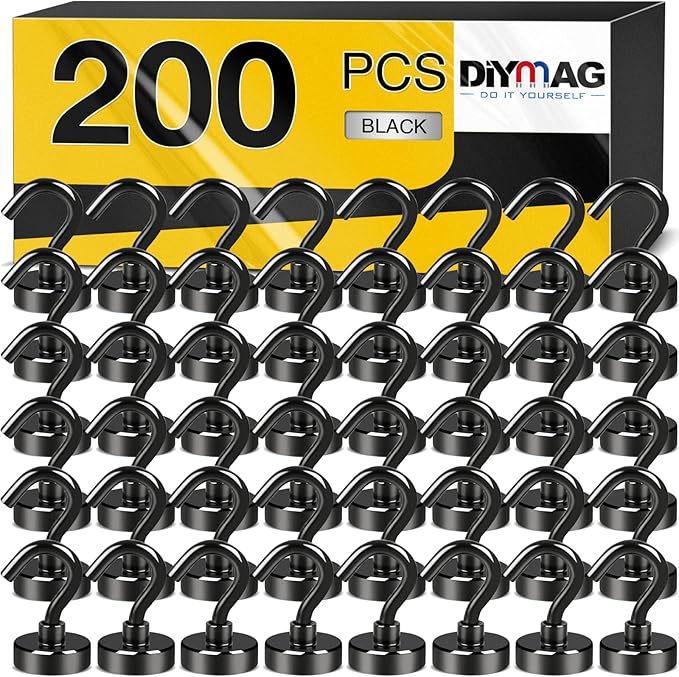 DIYMAG Magnetic Hooks, 30Lbs Strong Heavy Duty Cruise Magnet S-Hooks for Classroom, Fridge, Hanging, Cabins, Grill, Kitchen, Garage, Workplace and Office etc, (200Pack-Black),Screw in Hooks