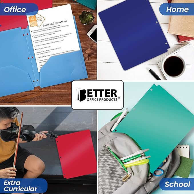 Better Office Products 3 Hole Punch Pocket Folders, Bulk Pack, Sturdy Plastic 2 Pocket Folders, Assorted Primary Colors, Letter Size, with Business Card Slot, (6 Pack)