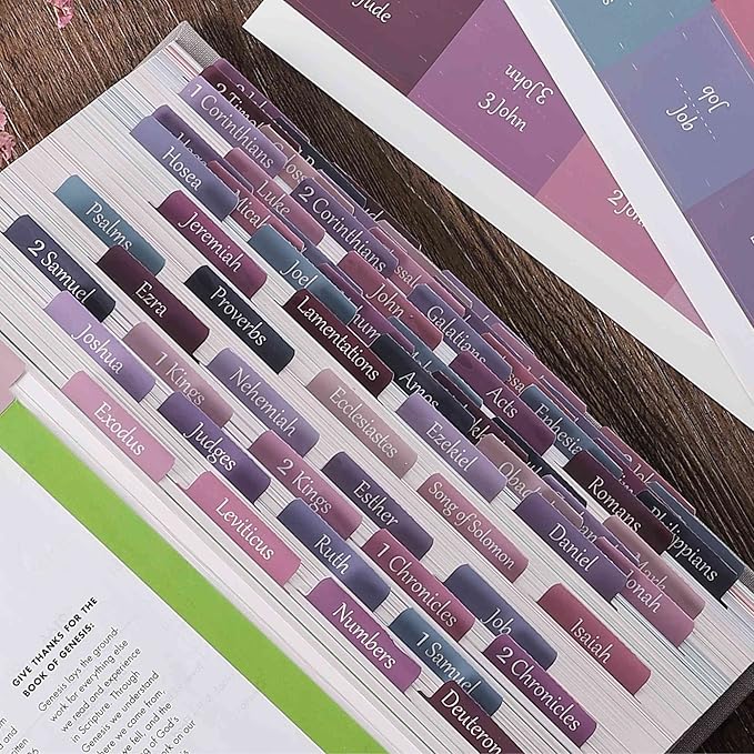 Thinkor Laminated & Repostion Bible Tabs, Large Print Christian Gift for Women and Men, Easy to Read and Apply Bible Journaling Tabs (Purple & Pink Print)