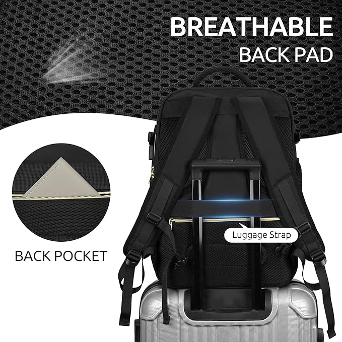 Travel Backpack for Women, Carry On Backpack for Airplanes Flight Approved, Waterproof Large Weekender Overnight Bag Fit 18.4 Inch Laptop with USB Charging Port, Black