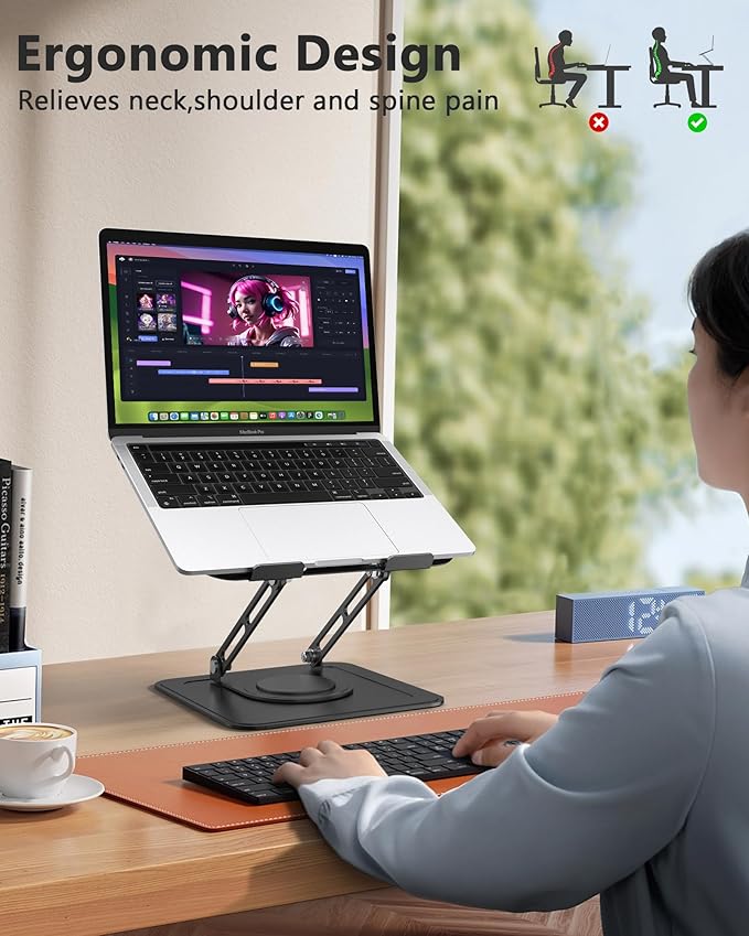 Adjustable Laptop Stand, Computer stand with 360 Rotating Base, Ergonomic Laptop Riser for Desk Foldable Laptop Mount Protable Computer Stand for Laptop Fits with MacBook Pro Air (10-16") - Black