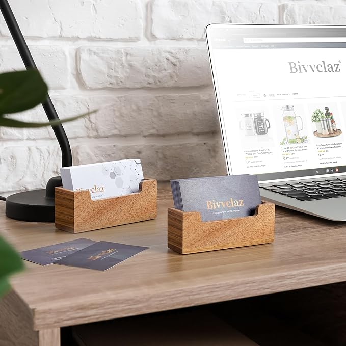 2 Pack Business Card Holder Desk, Acacia Wood Business Card Organizer Desktop Business Card Display Stand for Office Tabletop Exhibition, Small Business Essentials