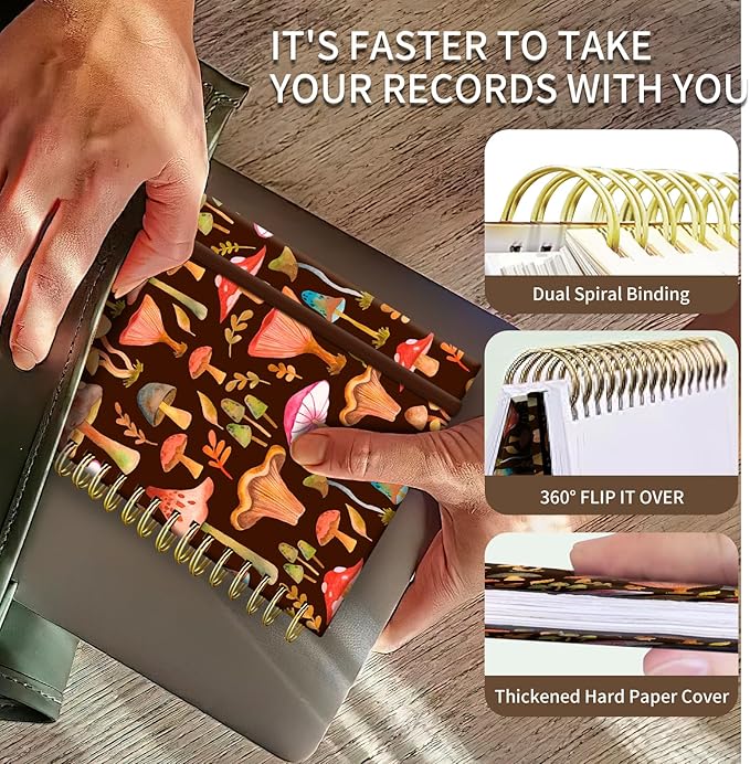 Spiral Journal Notebook, A5 Cute Notebooks for Women Men, College Ruled Hardcover Notebook for Work & Note Taking, 60 Pages Double-Wire Journals for Writing Boho Mushrooms